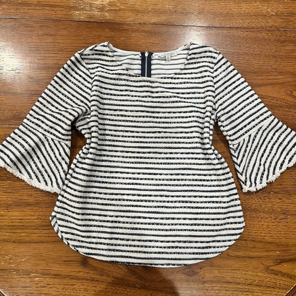 Green Envelope Stripe Bell Sleeve Top Medium M Fringe Trim Back Zip Nautical